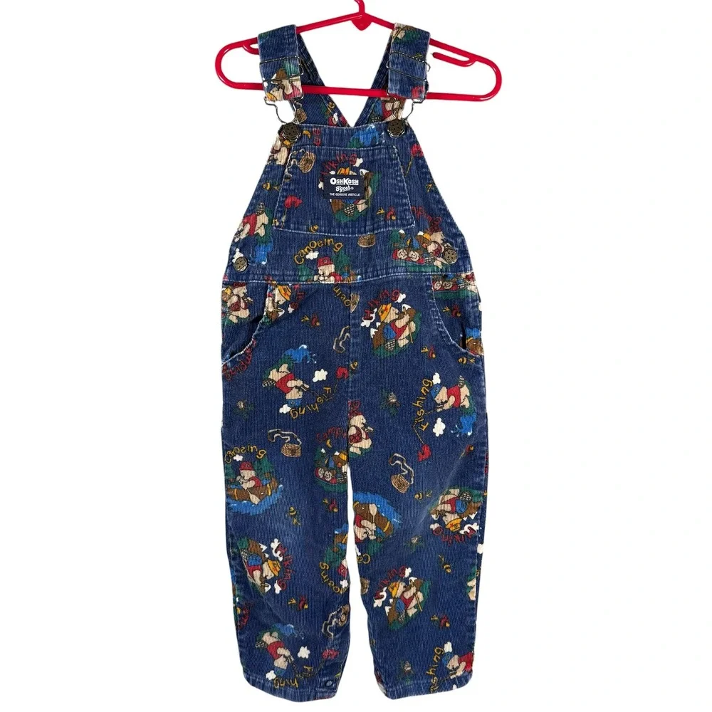 OshKosh B'gosh Vintage Corduroy Overalls Kids 2T Blue Camping Fishing Bear USA